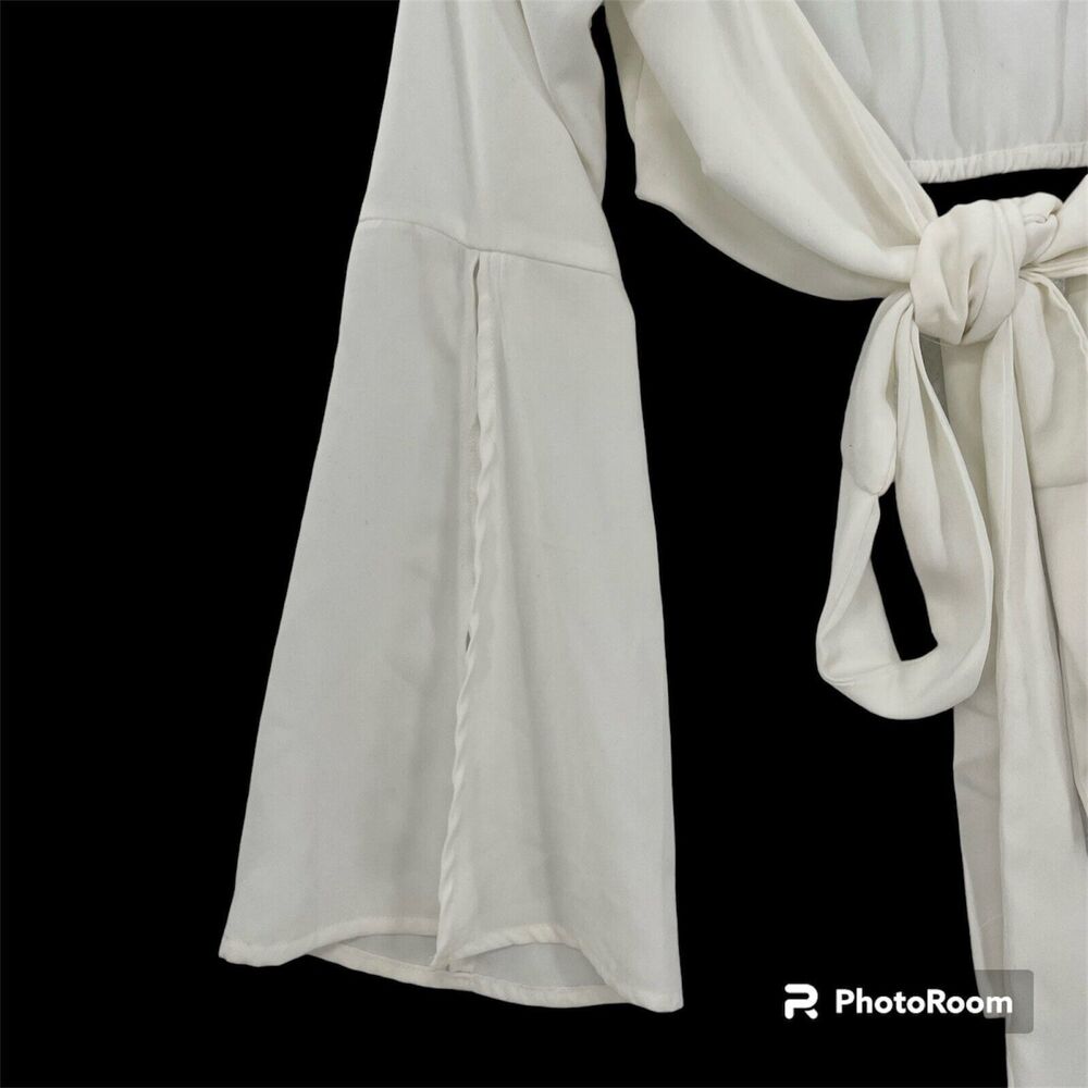 Tobi Crop Top Tie Front Small White Long Flare Sleeve Elastic Back Festival Boho - Picture 3 of 12